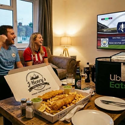 Customers enjoying a J-Henry's fish and chips takeaway at home